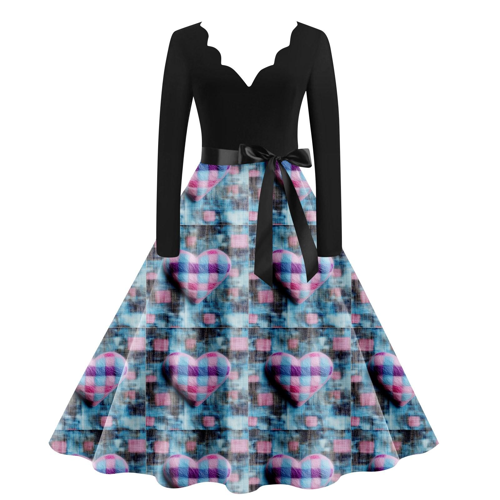 

Женское повседневное модное платье с V-образным вырезом и длинным рукавом с милым принтом в винтажном стиле XL