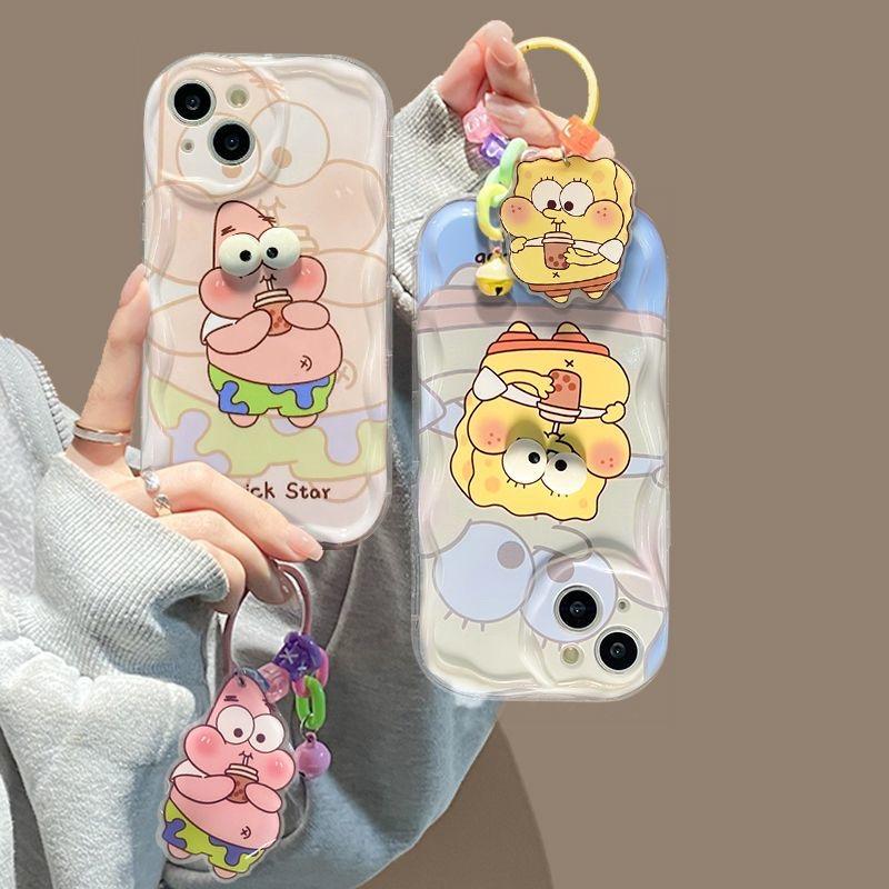 Big Eyes SpongeBob Cartoon TPU Soft Phone Case For 11 12 Mini 13 Pro Max 14 Pro 15 Pro X XS Max XR 7 8 Plus With Pendant