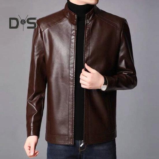 Chaqueta de Hombre Piel Sintética Color Sólido Cuello Alto Suave Grueso Cálido Manga Larga Cremallera Protección del Cuello Motocicleta A Prueba de Viento Chaqueta Fresca Otoño Invierno