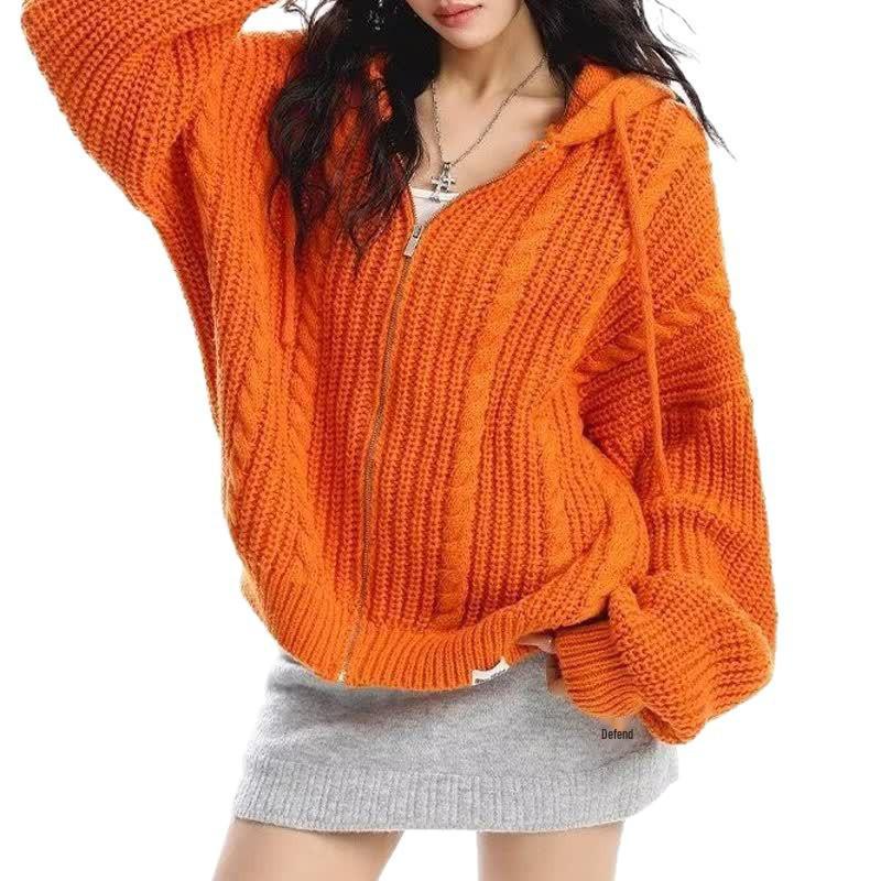 American Casual Cable Knit Hooded Sweater for Women - 2025 Spring/Autumn Trendy Loose Fit Jacket