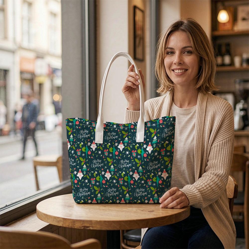 Christmas Pattern Tote Bag Large Capacity Portable Daily Handbag for Women Fashion Lightweight Casual Shopping Shoulder Pouch