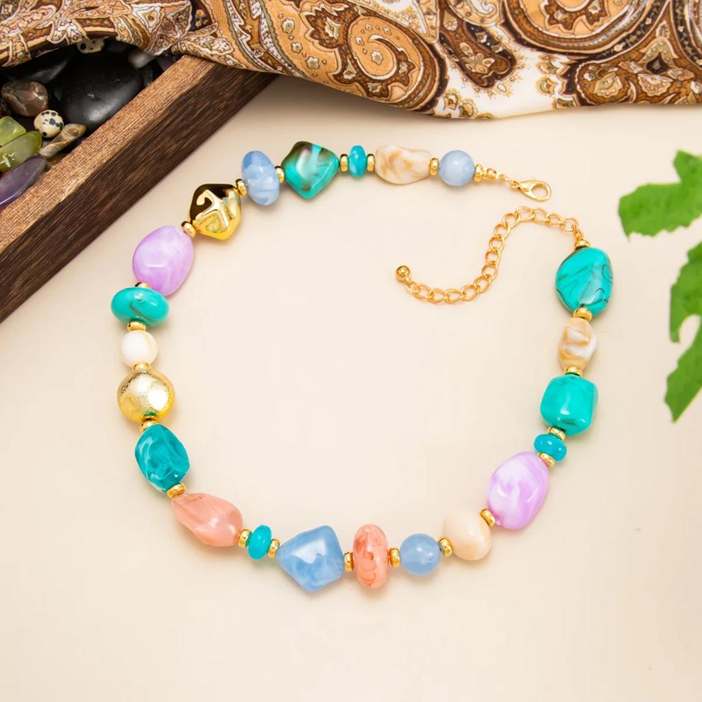 Colorful Beaded Necklace for Women, Multi-Color Irregular Resin Beads Choker, Bohemian Statement Jewelry