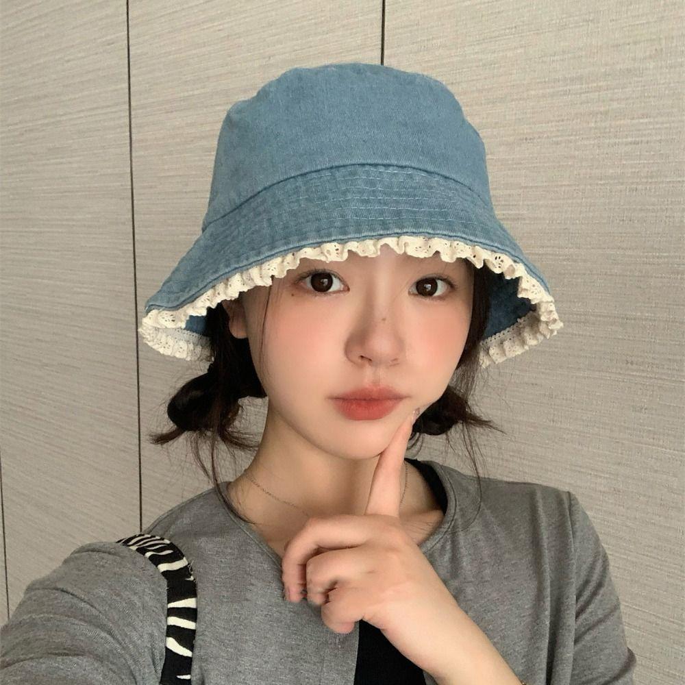 Y2K Lace Fisherman Hat Sunscreen Panama Hat Retro Denim Bucket Hat  Climbing