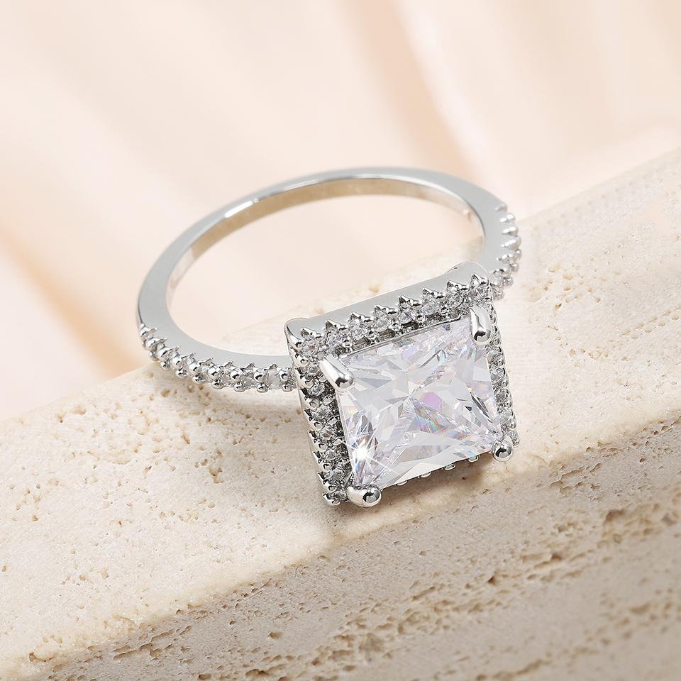 ZAKOL Classic Clear Geometric Cubic Zirconia Wedding Ring for Women Brilliant Sparkling Engagement Party Zircon Gifts