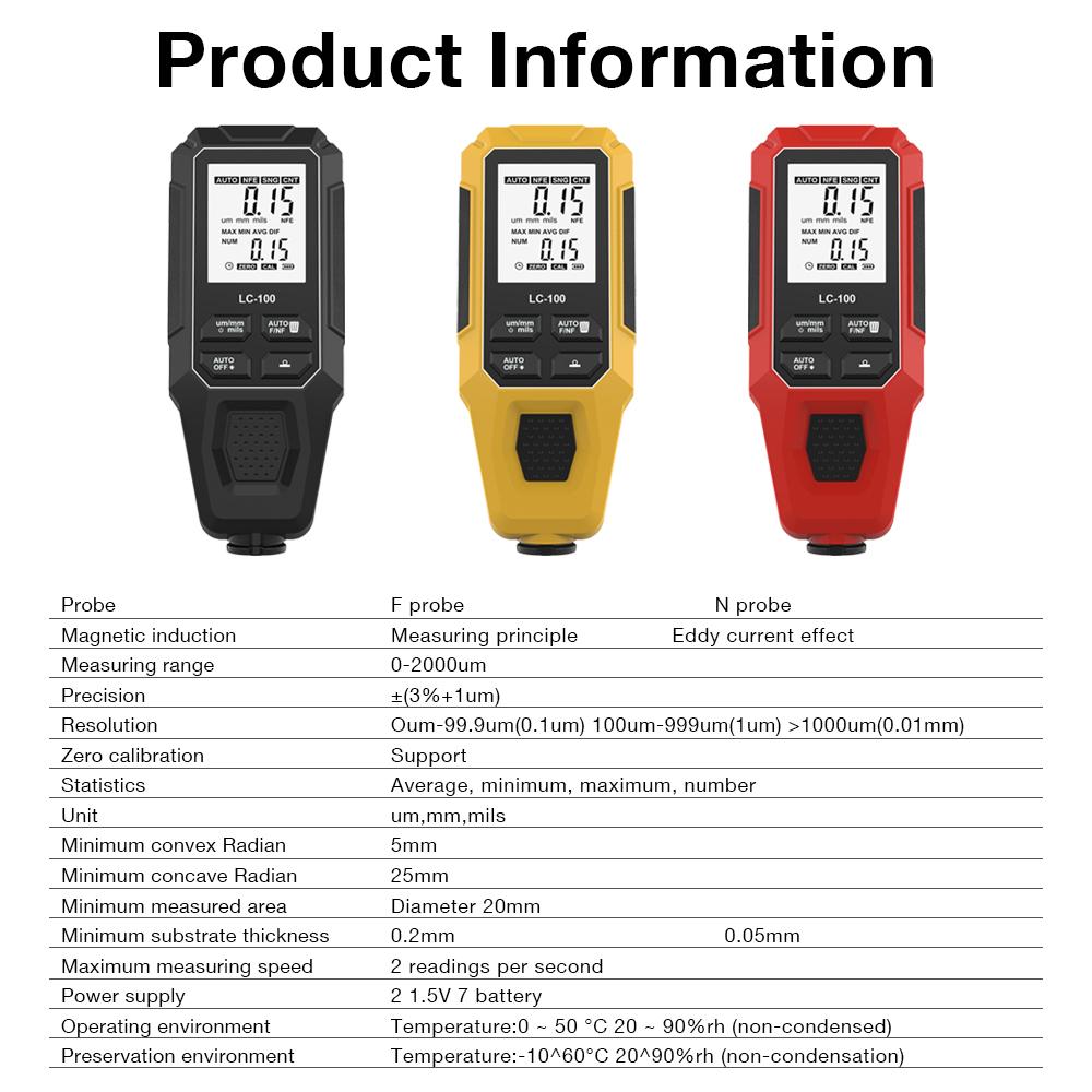LC-100 Car Paint Thickness Gauge 0-2000UM Fe & NFe Film Digital LCD Coating Automatic Thickness Tester Manual Auto Paint Tools
