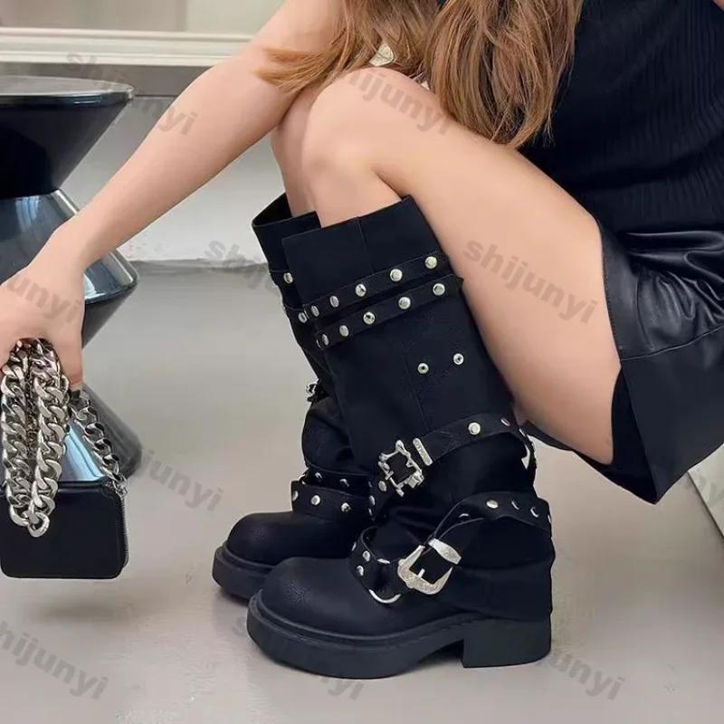 Fashion Women Platform Ankle High Pants Boots Winter Leather New Trend Fashion Designer Rivet Buckle Thick Soled Chelsea Botas Mujer