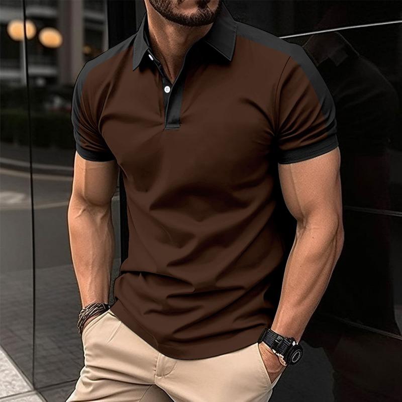 Men's Casual Polo Shirt Fashionable Lapel Button Business Color Blocked Versatile T-shirt Top
