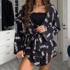 2024 Women's Loose Long-Sleeve Print Pajamas & High-Waisted Shorts Set