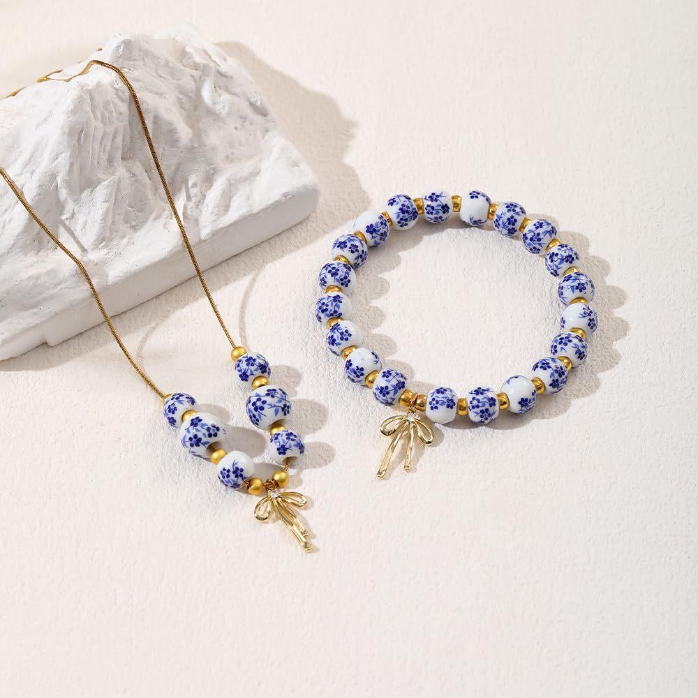 Bow Bracelet Necklace Set 14K Gold Beaded Flower Vintage Stretch Bracelet Dainty Bow Pendant Choker Jewelry Gift for Women Girls