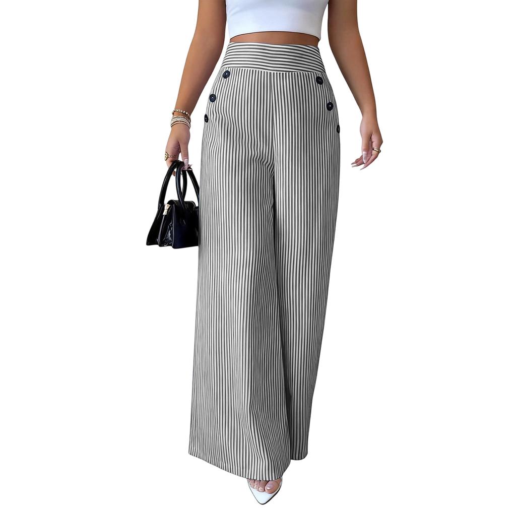 Flowy Pants for Women Casual High Waisted Wide Leg Palazzo Pants Long Trousers with Buttons and Pockets Plus Size