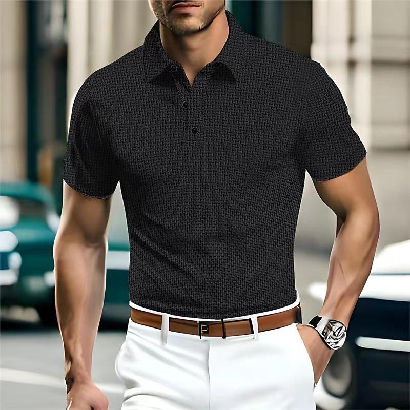 Summer High-end Mesh Ice Silk Short Sleeve Men s Shirt Collar Solid Colour New Slip Material Polo Shirt M чёрный