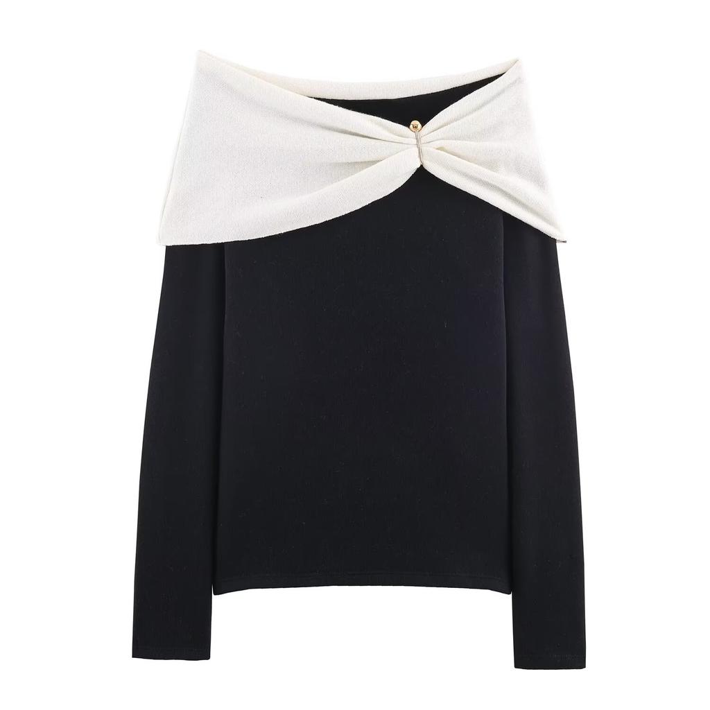 European and American Style, New Women's Clothing, Foreign Style, Fashionable Casual Off-the-shoulder Inlaid Top 0264304