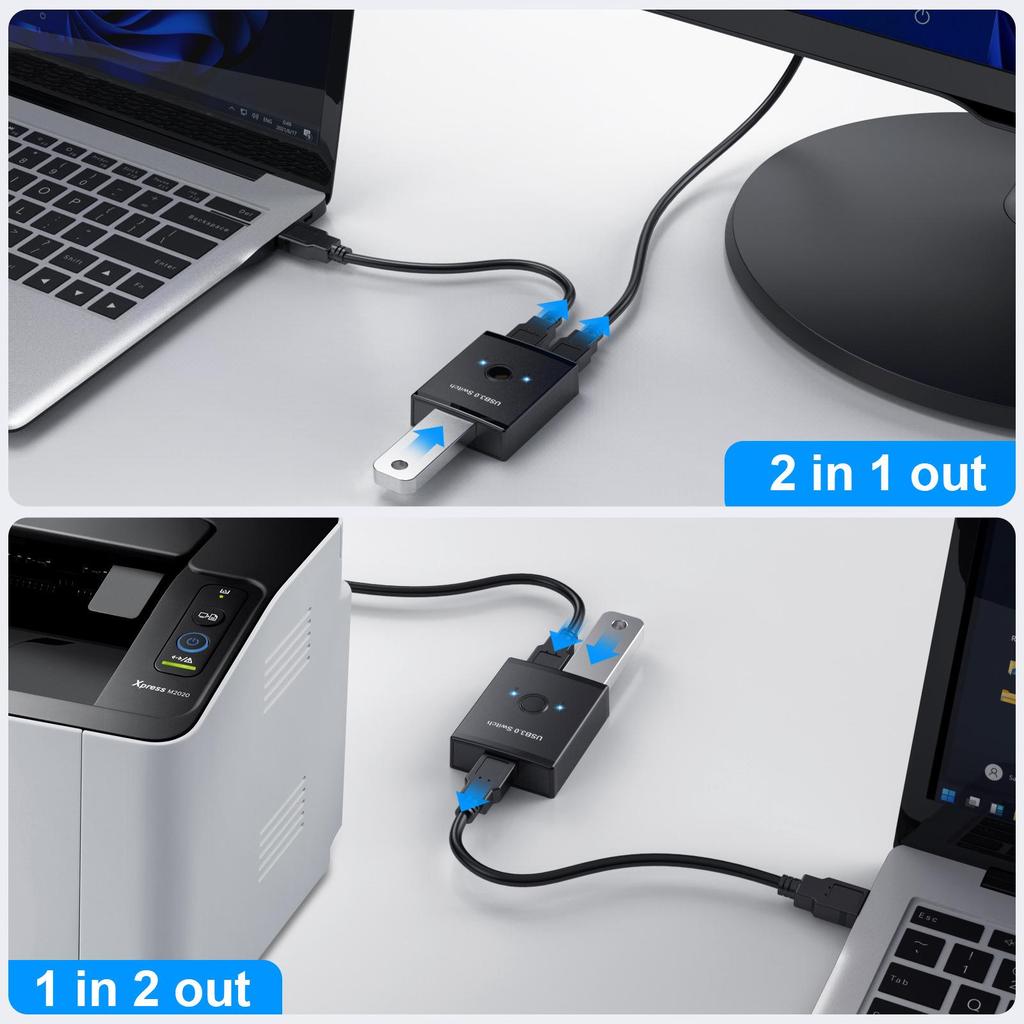 USB 3.0 Bidirectional Switch: 2-in-1-out/1-in-2-out Printer Sharing Splitter