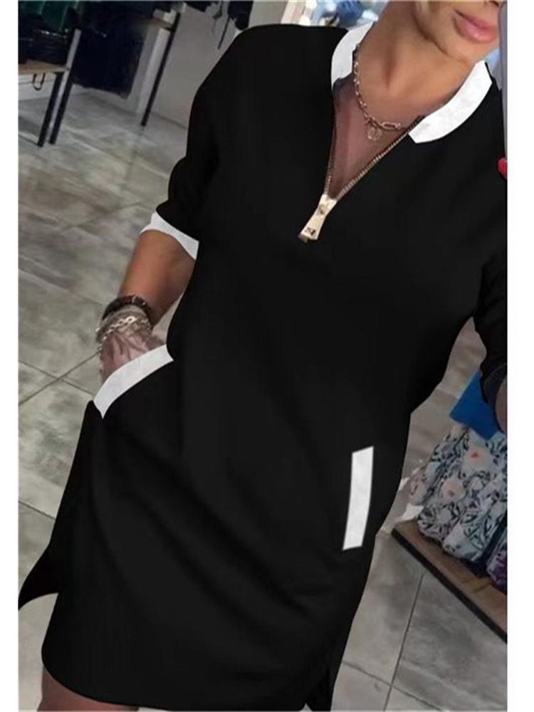 2024 V-Neck Zipper Seven-Sleeve Casual Dress