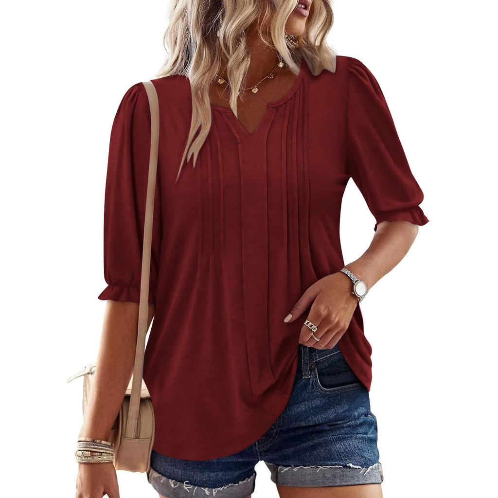 Women's Fashion Casual V-Neck Button-Front Pleated T-Shirt With Short Sleeves In Solid Color