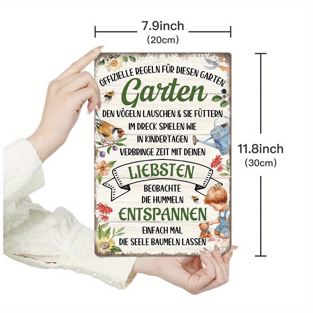 

1pc German Metal Sign,Official Rules for This Garden: Listen to The Birds And Play in The Dirt Like in Childhood, Wall Art Decor 20x30cm（7.8x11.8inch）