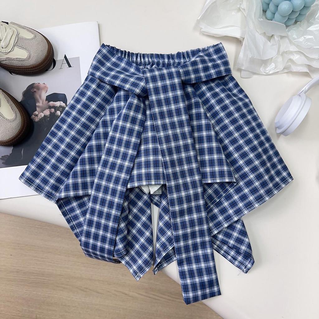 Girls' Korean Style Checkered Skort with Short Sleeve Top - EXB019