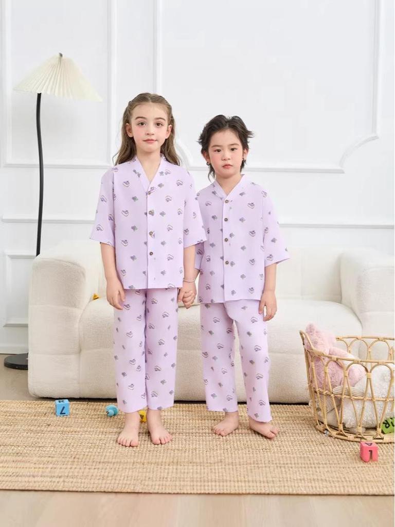 Children's Cotton Silk Pajama Set - Medium Sleeve, Long Pants, Cartoon Print, Thin, for Boys, Girls, and Babies.