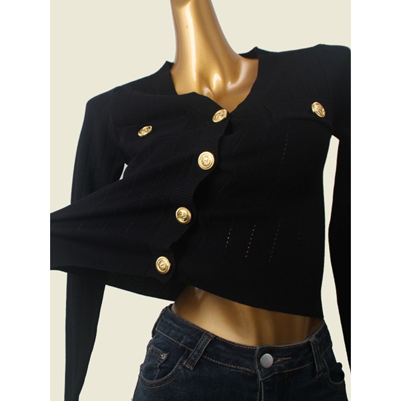 2024 New Arrival French Classic Style Black Knitting Cardigan Outwear Elegant Slim-Fit Crop-Top Women