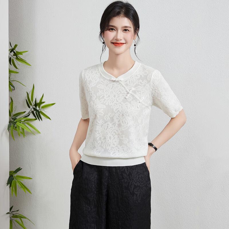 Golden Chrysanthemum New Chinese Style Silk Wool Blend Short Sleeve Knit T-Shirt L