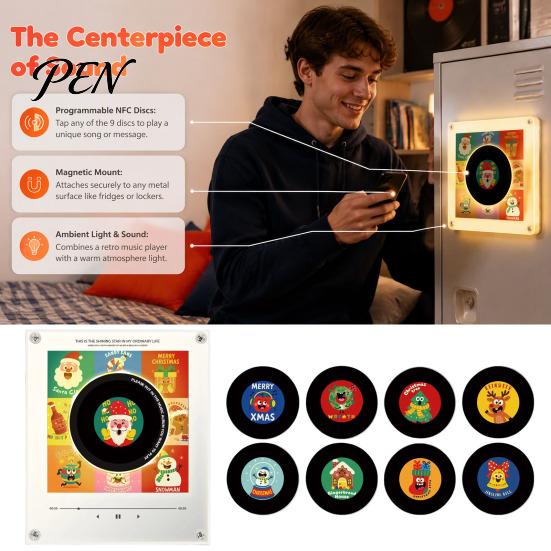 Personalized Sound Keepsake Programmable Vinyl Record Player Fridge Magnet with 9 NFC Music Records, Retro Aesthetic Magnetic Decorative LED Light Box