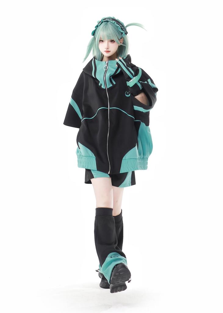 XHSUKADO Jirai-kei Hoodie Black & Green Embroidery Zip-up Size M