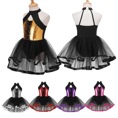 Kids Girls Glitter Sequins Dance Tutu Ballet Dress Halter Neck Gymnastics Leotard Modern Latin Jazz Dancing Performance Costume