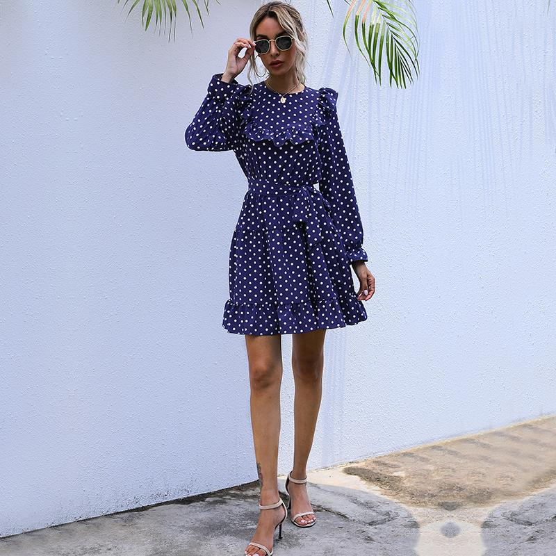 YYFS Women's Vintage Summer Spring Polka Dot Print Long Sleeve O-Neck High Waist Casual Dresses