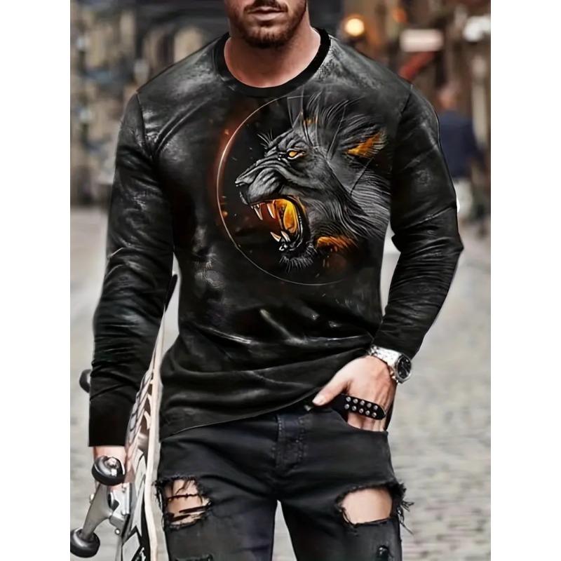Street Trend Men's Casual Pullover Top Wolf King 3D Printed Men's Loose Long Sleeve T-shirt Simple Casual Men's Long Sleeve
