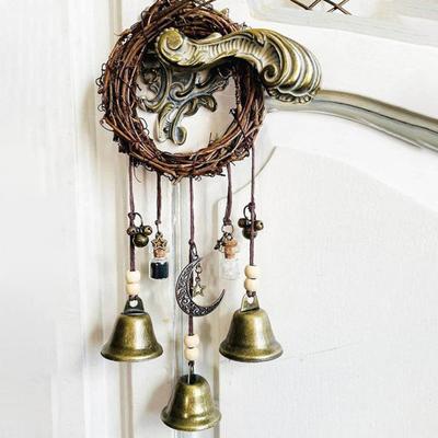 Door Knob Witch Bell Home Protection Handmade Hanging Brass Bell Wishing Bottle Rattan Wreath Witchcraft Door Hanger Wicca Wind Chime Decoration