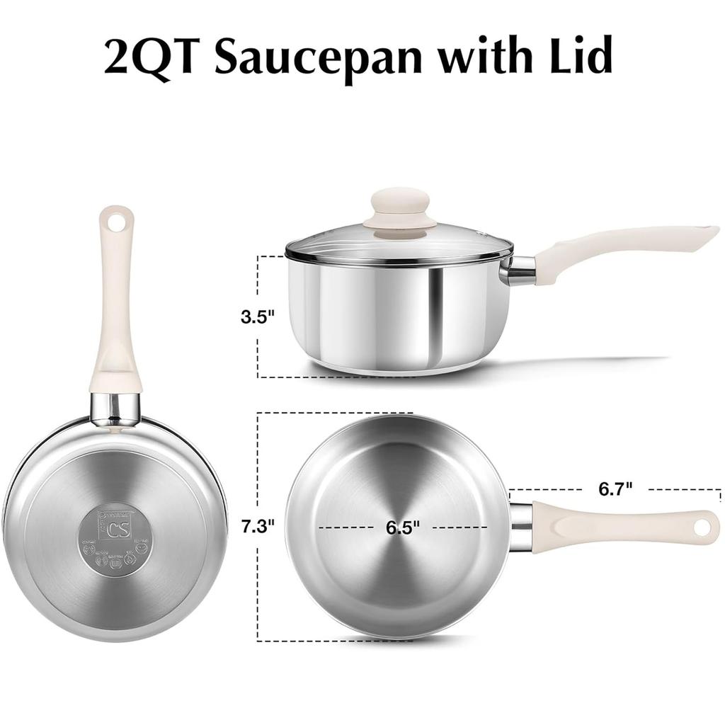 KOCH SYSTEME CS 1/2/3QT Stainless Steel Saucepan with Lid Nonstick Milk Pots with Stay-cool Bakelite Handle Kitchen Sauce Pot