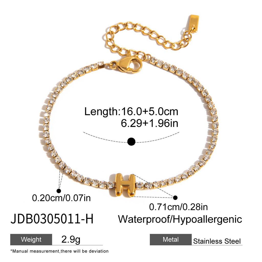 Classic Fashion Style 18K Gold Plated Stainless Steel White Rhinestone Chain Tennis Letter Bracelets for Women Daily Wear