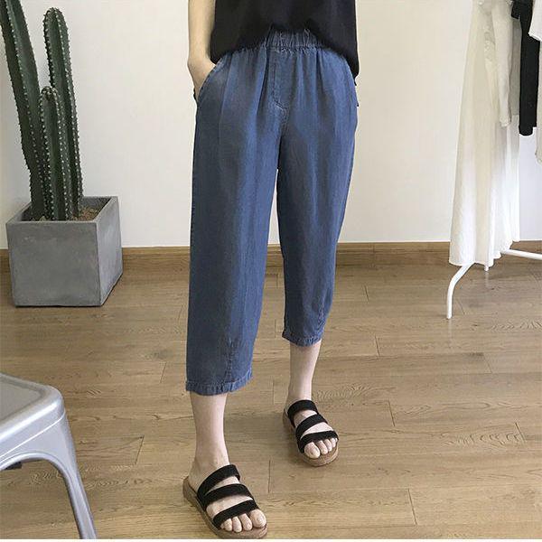 Women's Slimming Tencel Denim Cropped Pants - Summer Elastic Waist Loose Straight Leg Harem Style