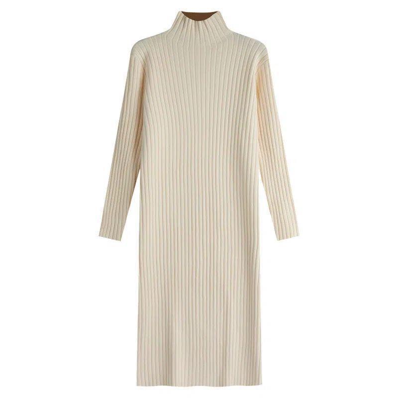 2025 Autumn/Winter Plus Size Over-the-Knee Knit Dress - Solid Color, Versatile Style