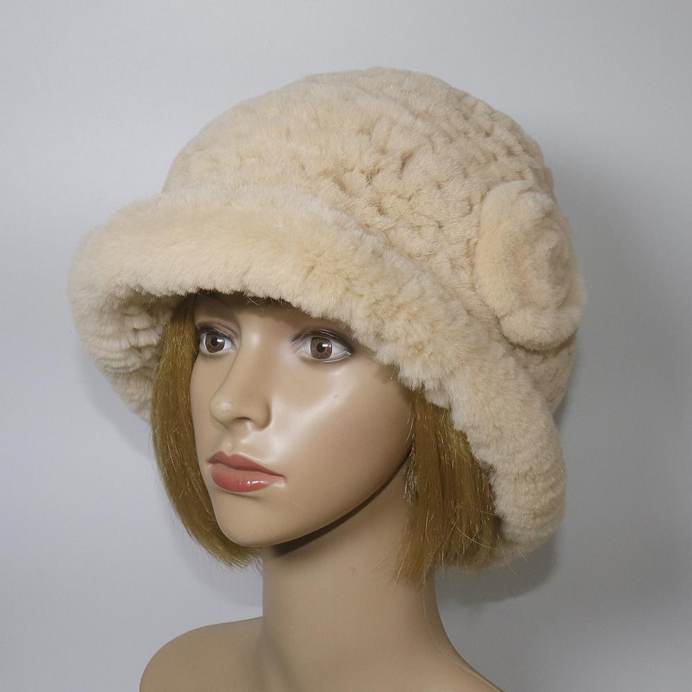 Winter Women Outdoor Knitted Real Rex Rabbit Fur Hat Natural Warm Fur Bucket Hats Girls Fashion Fluffy Real Rex Rabbit Fur Caps