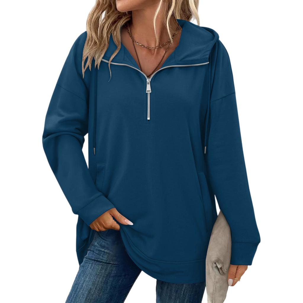 Women's Fashionable Solid Color Hooded Long Sleeved Pocket Pullover Sweatshirt Top