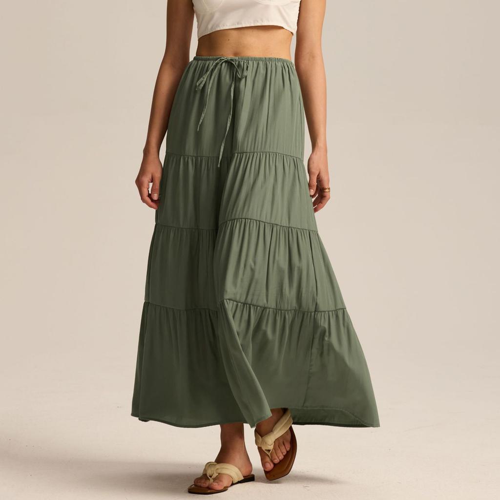 Women's Cotton Skirt High Waist Elastic Lace-up Large Swing Skirt Loose Stitching Long Skirt
