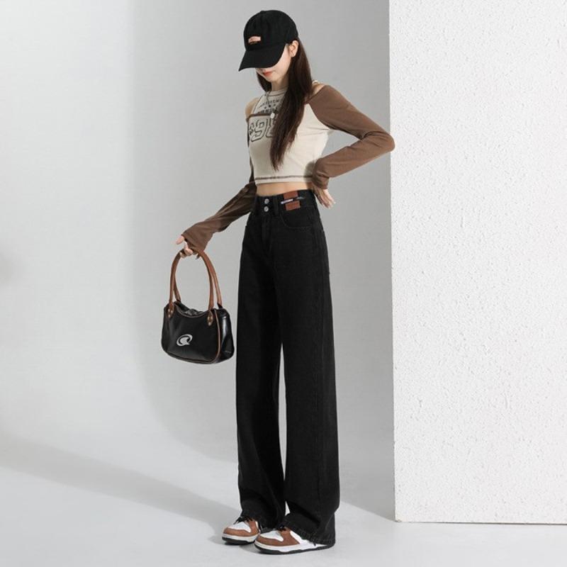 

Новые весенне-осенние прямые узкие джинсы скинни с широкими штанинами для женщин, маленькие с высокой посадкой, свободные брюки 2XL recommends 140-80kg чёрный