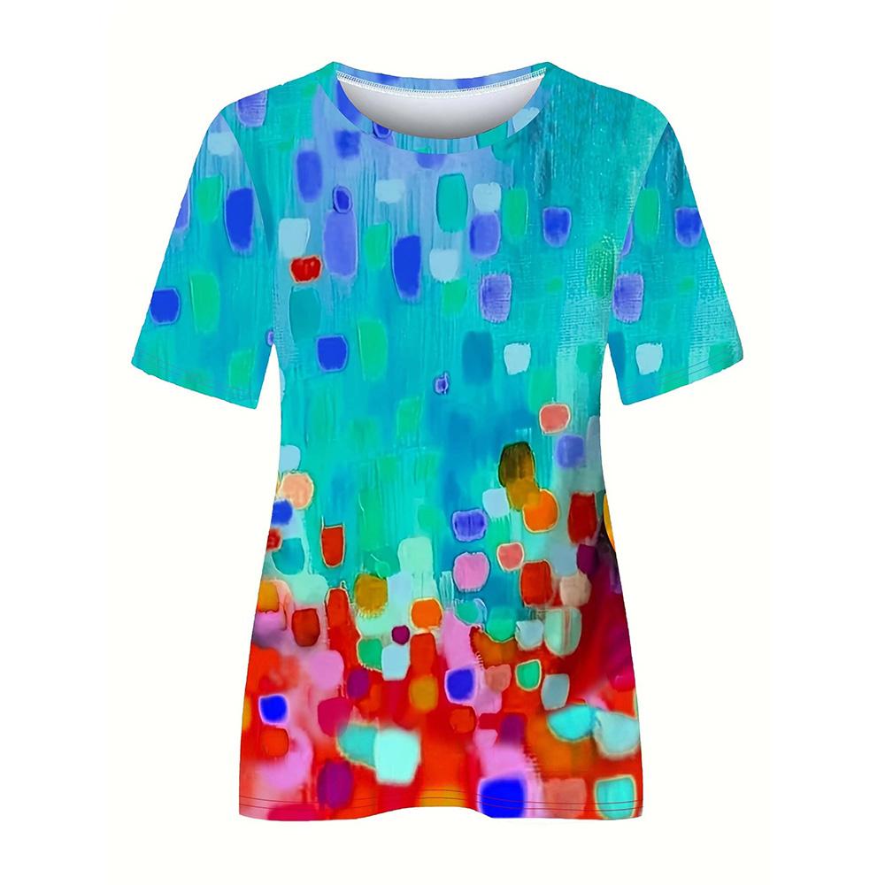 Women's Fashion T-shirt Loose Comfortable Short Sleeve Abstract Printed Round Neck Casual Clothing Women's Party T-shirt