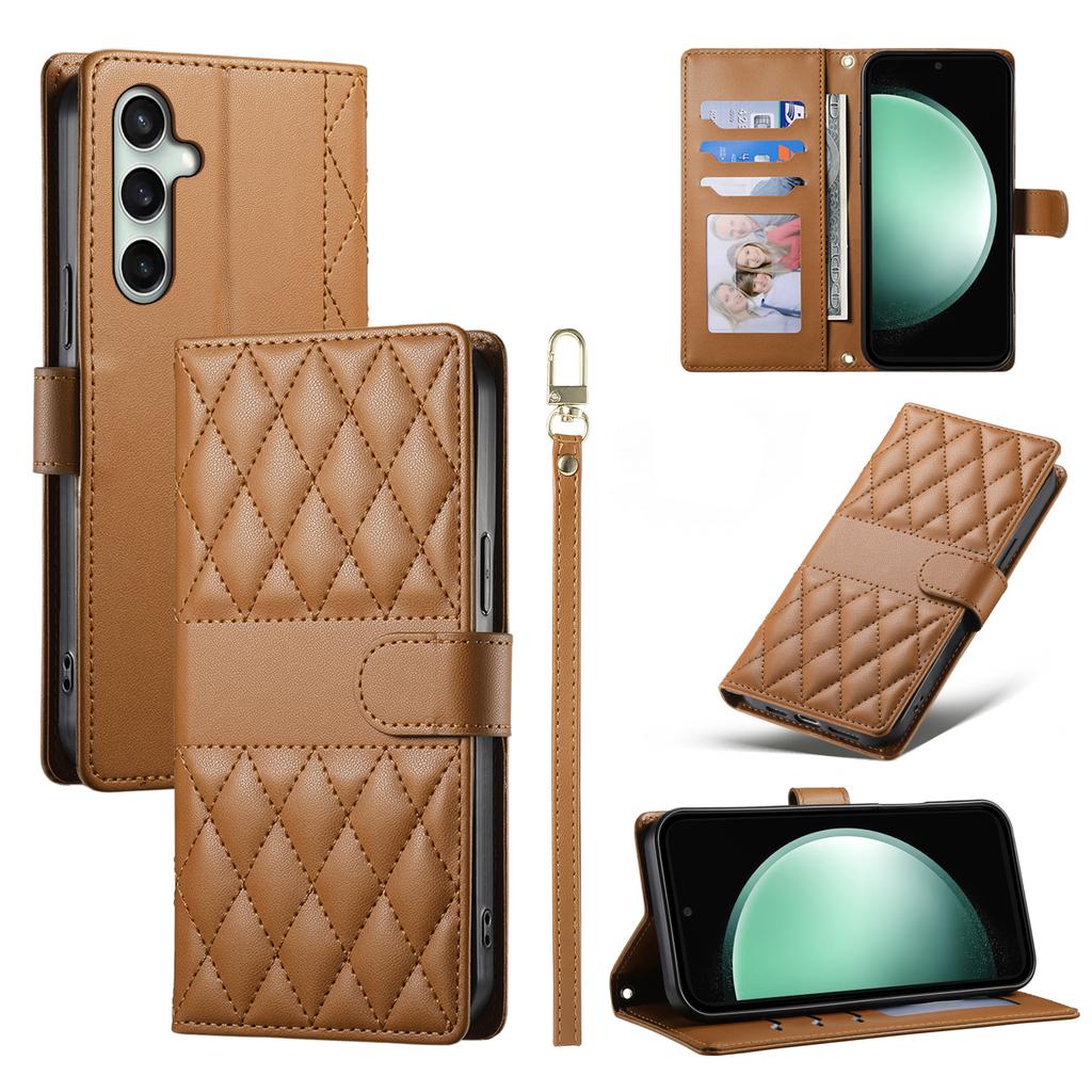For Samsung Galaxy S25 FE Case Rhombus Stitching Wallet Stand Leather Phone Cover with Long/Short Strap