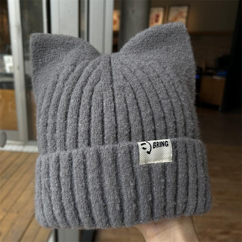 Cat Ears Wool Hat Women's Autumn and Winter Warm Cute Knitted Hat Casual Versatile Soft Girl Cold Hat