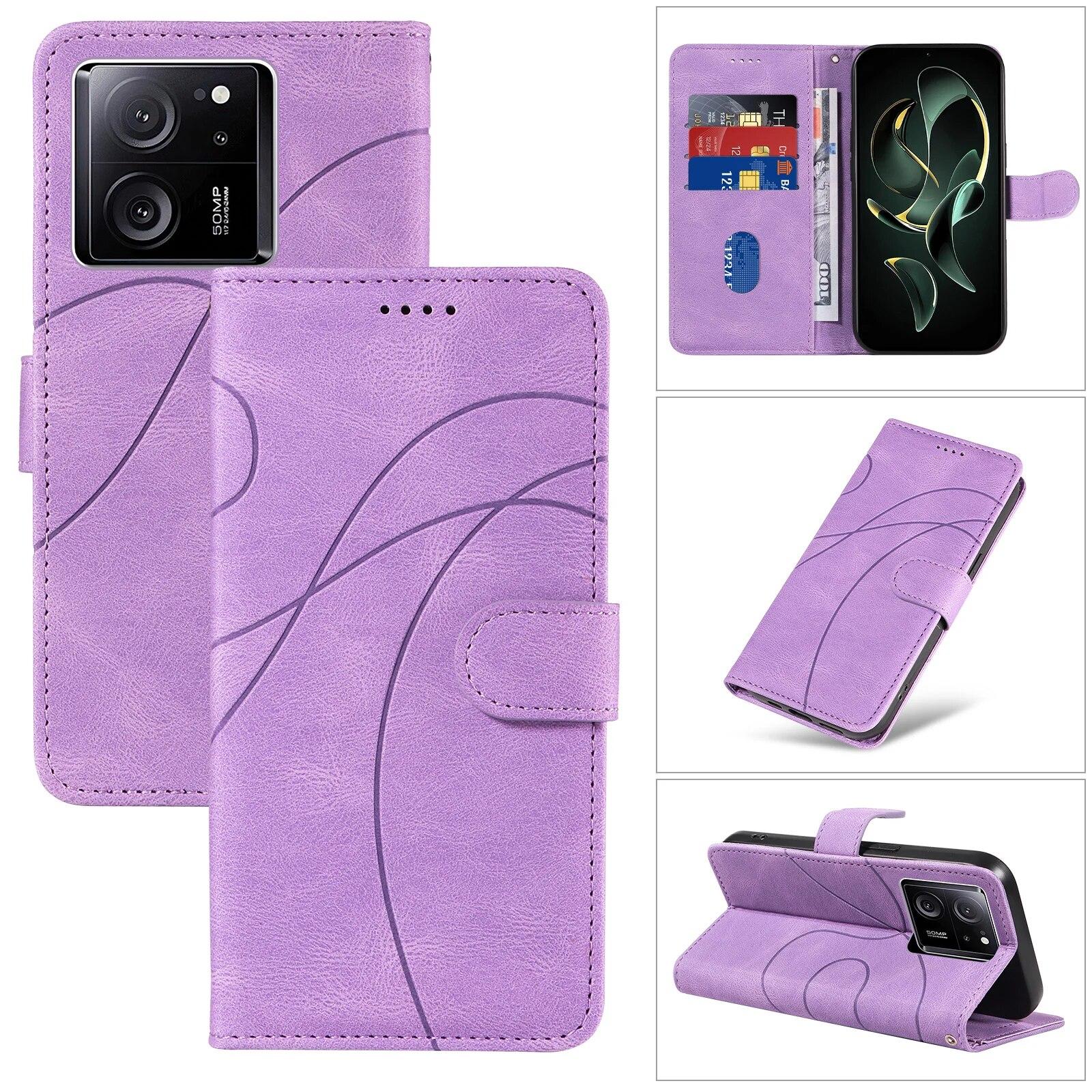 

Для Xiaomi Mi 14T Pro 14 T Curved Lines Flip Magnetic Cards Solt Wallet Leather Case for Xiaomi 13T 12T 11T 14TPro Kickstand Holder Bag For Xiaomi 11T фіолетовий