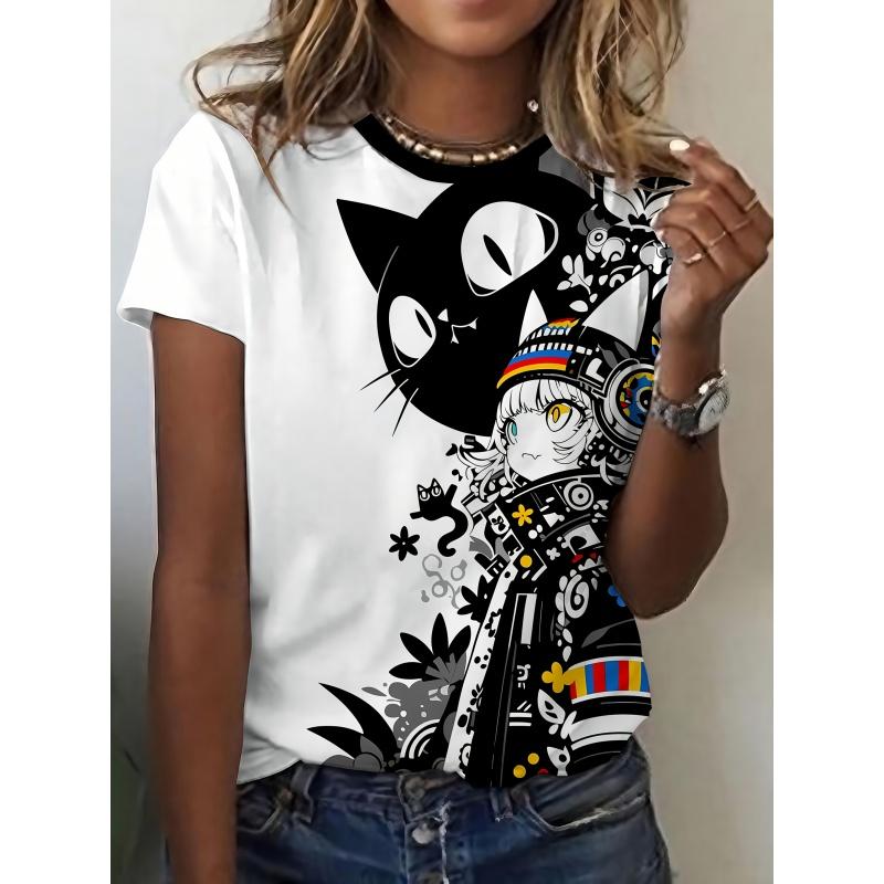 Cartoon Cat Dog Pattern T-Shirt For Women Fun Animal 3D Printed T Shirts Fashion Round Neck Casual Short Sleeve Loose Tees Tops