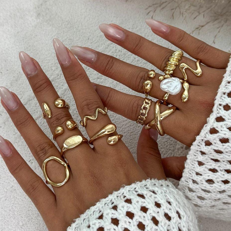 SHIXIN 12Pcs/Set Fashion Hollow Irregular Open Ring for Women Smooth Water Drop Wavy Geometric Adjustable Rings Set Lady Jewelry