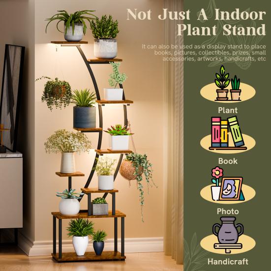 Indoor Plant Stand 155CM Tall with Grow Lights, 9 Tiered Shelf, Metal 155cm Large Holder Shelf Display Rack Holder, Half-Moon Flower for Living Room