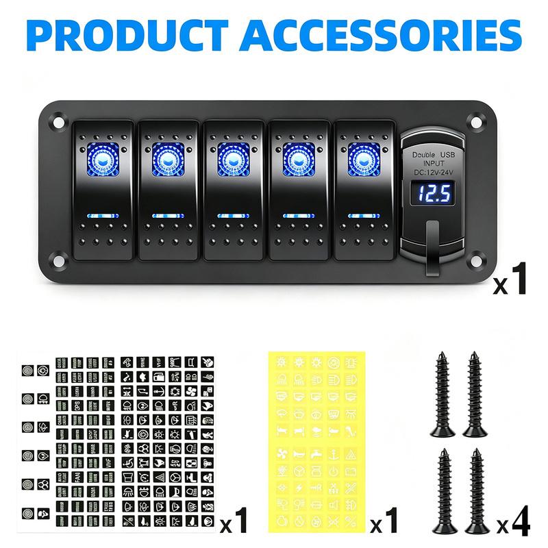 5 Gang Switch Panel With 4.8 Dual USB Port 12V Digital Voltmeter For Car Yacht RV Boat Switch Panel 12-24V