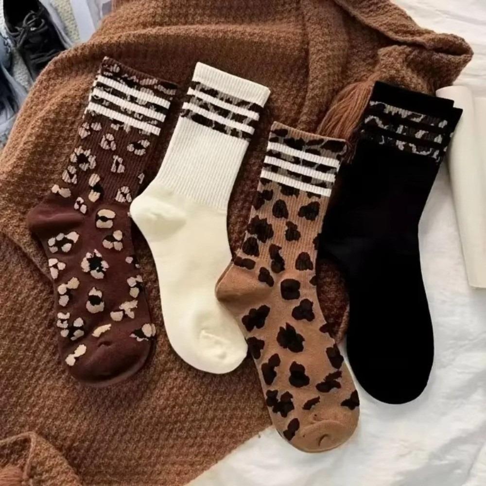 Leopard Print Crew Socks Striped Pattern Mid-Calf Socks Fashion High Tube Socks For Women