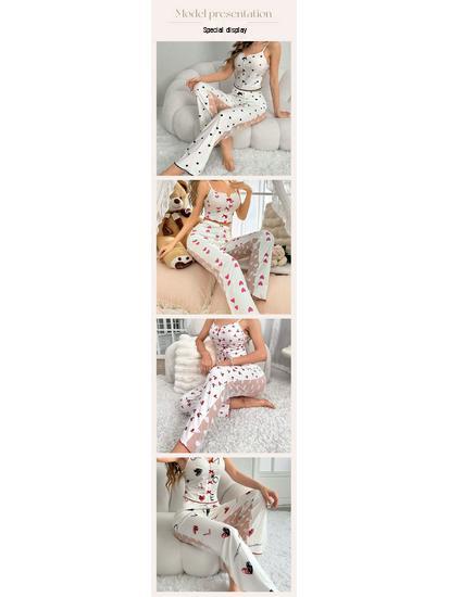 2024 Color Block Mesh Patchwork Camisole Pajama Set with Front Slit