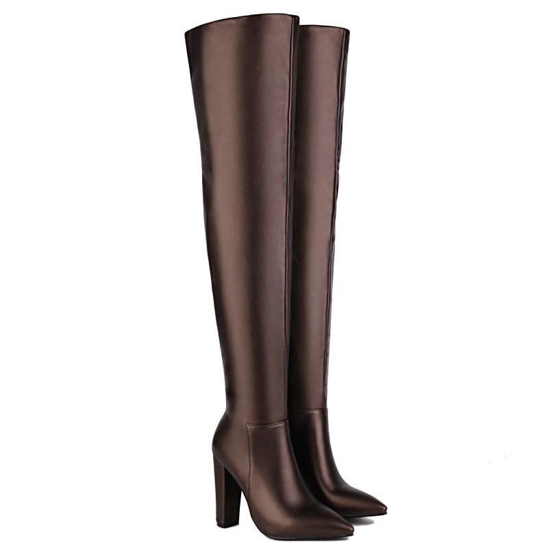 

Роскошные сапоги выше колена, женские сексуальные туфли на высоком каблуке для вечеринок и танцев, зимние женские сапоги серебристо-голубого цвета, большой размер 45 37 коричневый
