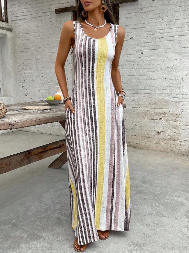 

2026 Summer Fashion European & American Striped Sleeveless Long Dress with Pockets S жёлтый